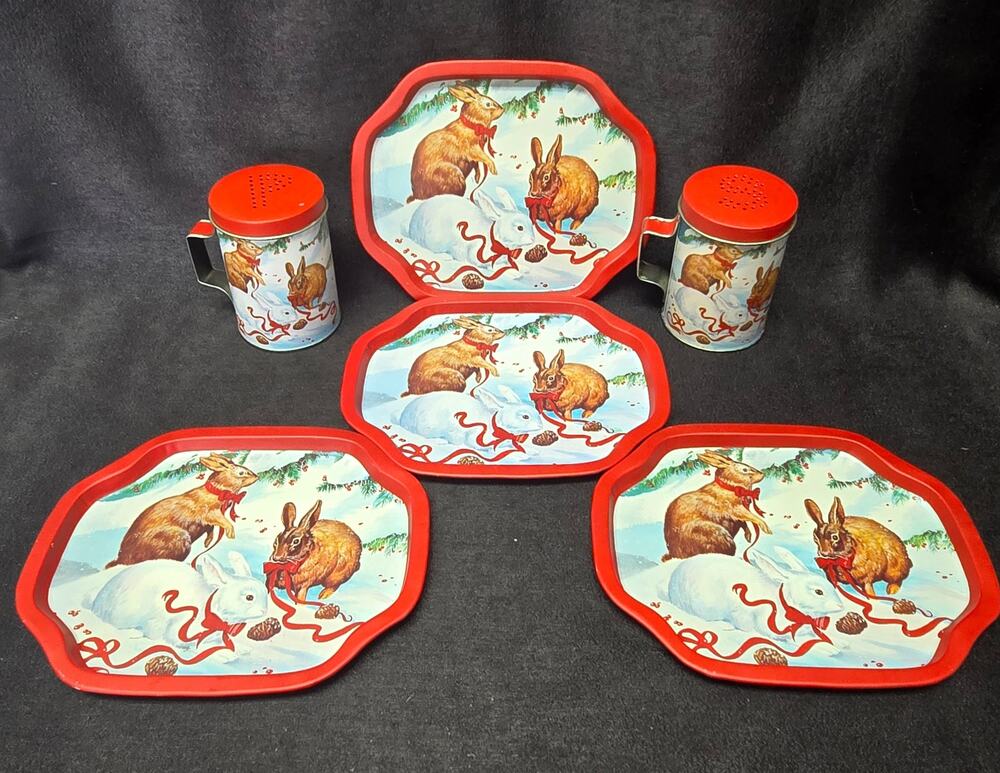 Christmas Bunnies Metal Trays & Salt n' Pepper Shaker Holiday Decor Serveware